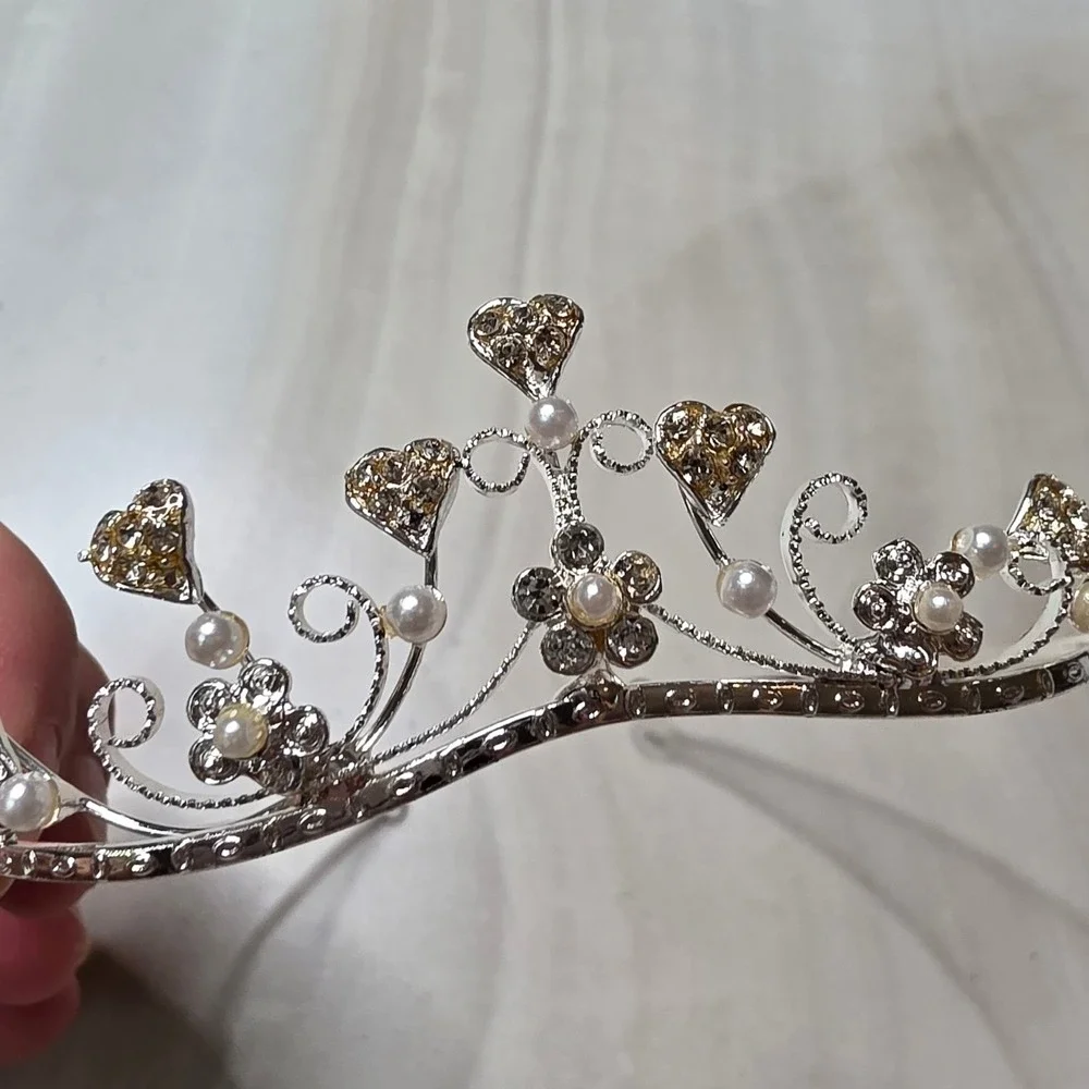 Princess Tiaras Pink Rhinestone Hair Comb and Heart Pearl Headband set of 2 H3